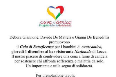 Gala di Beneficenza per "Cuore Amico", giovedì 1 dicembre al bar ristorante "Nazionale" di Lecce - Corriere Salentino