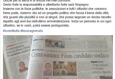 Elezioni Comunali Galatone 2017: Flavio Filoni candidato sindaco per il centro sinistra a Galatone - Corriere Salentino