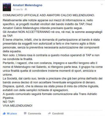 Bando TAPstart, l’Asd Amatori Melendugno rifiuta i soldi - Corriere Salentino