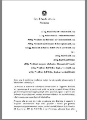 Gelo e neve: rischio paralisi per due giorni in Tribunale, il Presidente della Corte d'appello scrive ai colleghi - Corriere Salentino