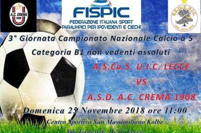 Calcio a 5 Non Vedenti Assoluti: esordio casalingo per l'Ascus Lecce contro i Campioni d'Italia del Crema - Corriere Salentino