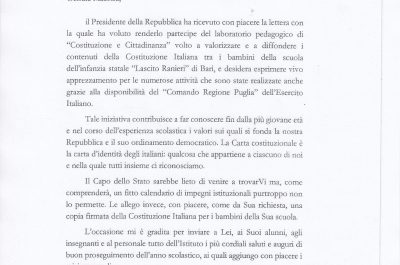 Una copia della Costituzione Italiana per i giovani alunni del "Lascito Ranieri" di Bari - Corriere Salentino