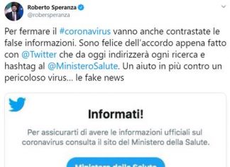 Coronavirus, Speranza: “Accordo con Twitter per contrasto alle fake news”