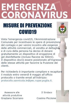 “Noi ci siamo!”: a Sannicola le attività produttive potranno fare richiesta gratuita del dispenser di disinfettante - Corriere Salentino