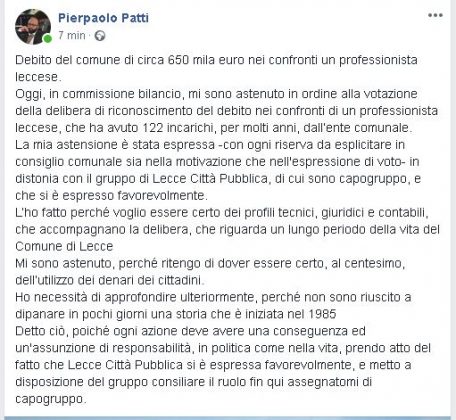 Riconosciuti in Commissione i debiti del Comune con Quinto: 650 mila euro. Patti si dissocia dal gruppo, pronto a dimettersi - Corriere Salentino