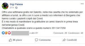 Il tributo a medici e infermieri che hanno lottato contro il Covid: "La mia casa gratis per le vacanze nel Salento" - Corriere Salentino