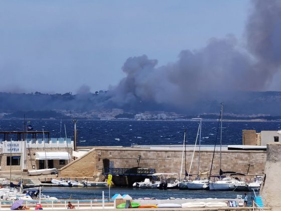 Forti raffiche di vento ed il fuoco si estende: vasto incendio minaccia case. Intervengono canadair - Corriere Salentino