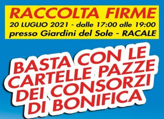 Racale nel cuore organizza la raccolta firme “contro i tributi ingiusti” del Consorzio “Li Foggi”