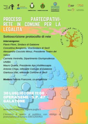 "Rete in Comune per la Legalità": venerdì 30 luglio, a Galatone, la sottoscrizione del protocollo d'intesa - Corriere Salentino