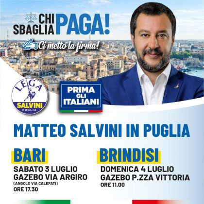 Lega, Matteo Salvini in Puglia per il referendum giustizia “Chi sbaglia paga” - Corriere Salentino