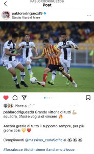 Rodriguez: "Grande vittoria di tutti: squadra e tifosi. Complimenti Massimo" - Corriere Salentino