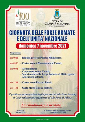 Campi Salentina, celebrazioni per la Giornata dell’Unità Nazionale e Festa delle Forze Armate - Corriere Salentino