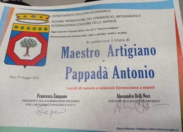 La Regione Puglia assegna al ramaio di Specchia Antonio Pappadà il titolo di "Maestro Artigiano" - Corriere Salentino