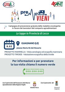 L’8 febbraio fa tappa a Guagnano il progetto “preVIENI”, campagna di prevenzione oncologica - Corriere Salentino