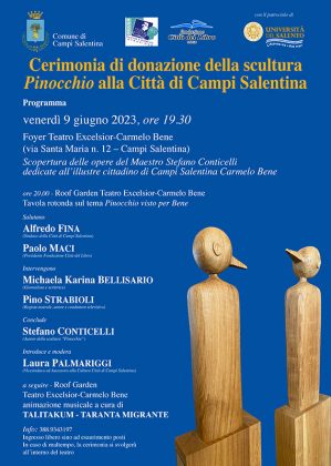 Campi Salentina: il Maestro Stefano Conticelli dona alla città la scultura ispirata al “Pinocchio” di Carmelo Bene - Corriere Salentino