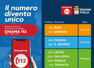 Parte in Puglia il Numero Unico di Emergenza Europeo: dal 16 aprile la Centrale Unica di Risposta del 1-1-2 sarà attiva nei distretti telefonici di Bari e Brindisi