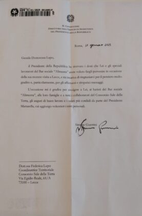 Un riconoscimento speciale per il Bar Sociale “Alimenta”: la lettera del Presidente della Repubblica Sergio Mattarella - Corriere Salentino