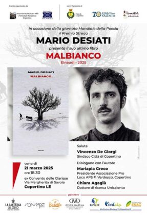 Nella ‘Giornata Mondiale della Poesia’, il Premio Strega Mario Desiati presenta questa sera a Copertino nell’ex Convento delle Clarisse il suo ultimo libro: Malbianco - Corriere Salentino