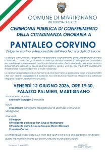 Venerdì 12 giugno 2026 a Martignano conferimento cittadinanza onoraria a Pantaleo Corvino - Corriere Salentino