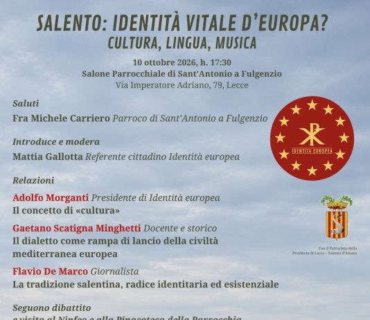 Salento, identità vitale d’Europa. Convegno il 10 Ottobre presso la biblioteca di Fulgenzio a Lecce