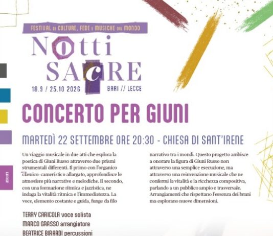 “Notti Sacre”, primo appuntamento martedì 22 settembre a Lecce presso la Chiesa di Sant’Irene con “Concerto per Giuni”